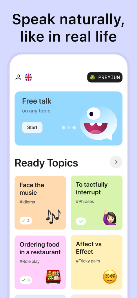 FalaBola: AI Language Learning - FalaBola app screen showing AI conversation topics and roleplay scenarios
