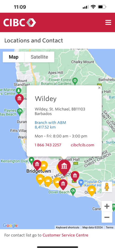 CIBC Caribbean Mobile - CIBC Caribbean Mobile app branch and ATM locator showing map of Barbados and branch details