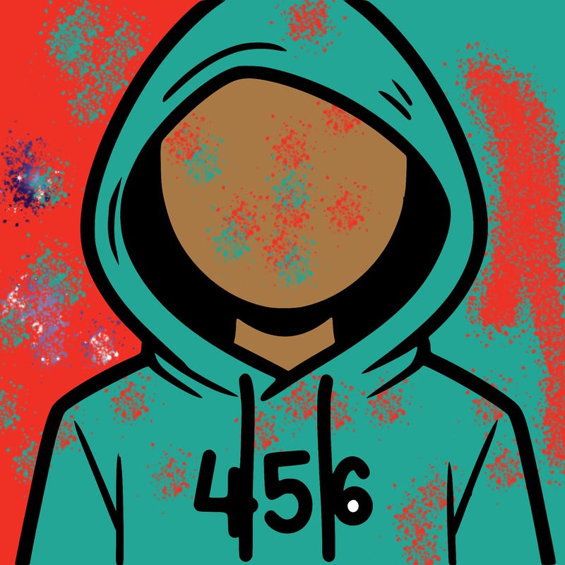 a person with non face waering a hoodie with a 456 symbol