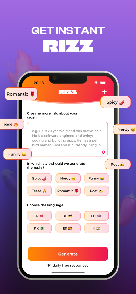 Plug RIZZ AI Dating Assistant - Interfaz de la aplicación Plug RIZZ AI que muestra opciones para generar respuestas de citas en varios estilos
