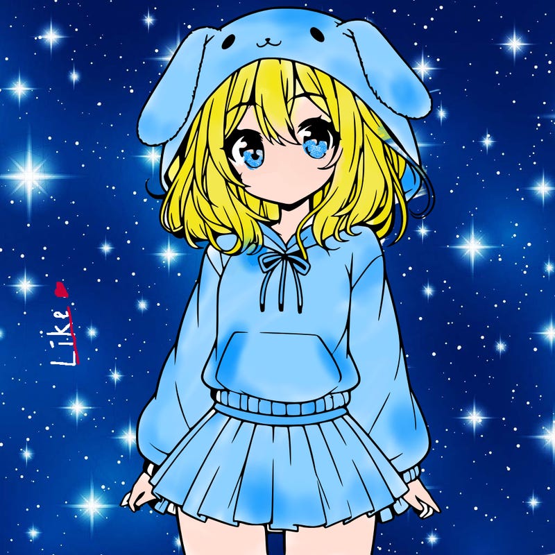 pretty anime girl wearing a fluffy hoodie with bunny ears on the hood and a skirt