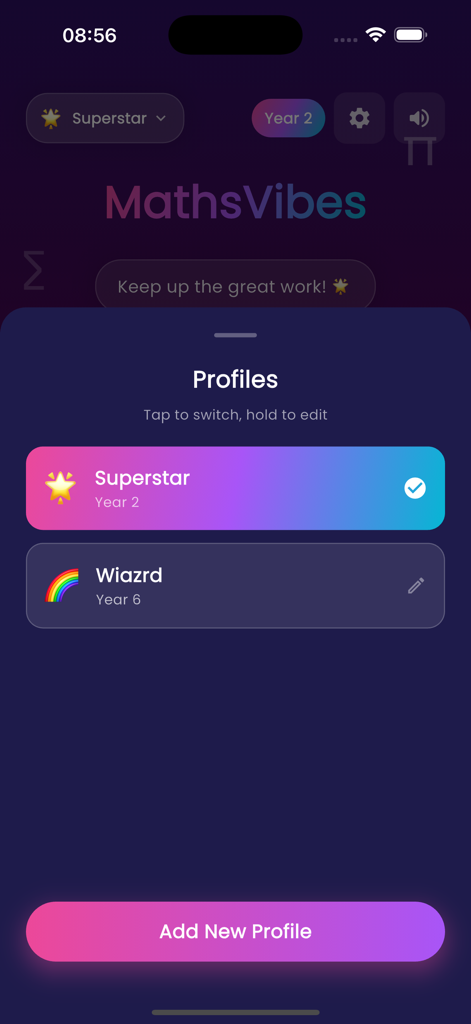 MathsVibes - MathsVibes App Profilverwaltungsbildschirm mit mehreren Schülerkonten für verschiedene Jahrgänge