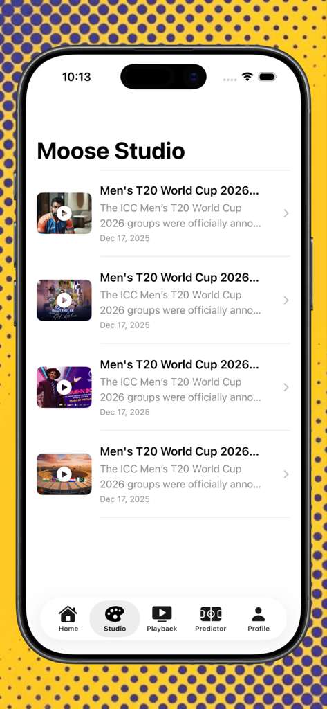 Screenshot of the Moose Studio section in the Moose Fans app featuring a list of T20 World Cup 2026 cricket videos and shows