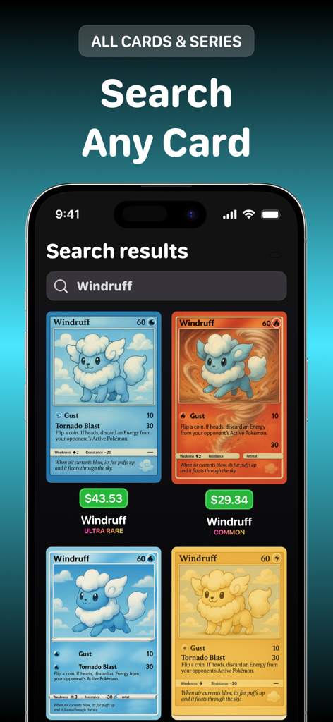 Pricedex 앱의 검색 결과 화면으로, 현재 시장 가치가 있는 트레이딩 카드의 여러 버전을 보여줍니다.