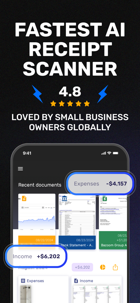 SparkReceipt: Expense Scanner - Tela do aplicativo SparkReceipt mostrando o título do scanner de recibos com IA e o painel de resumo financeiro