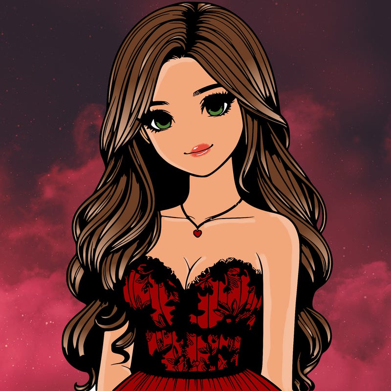 realistic girl with long hair and pretty prom dress