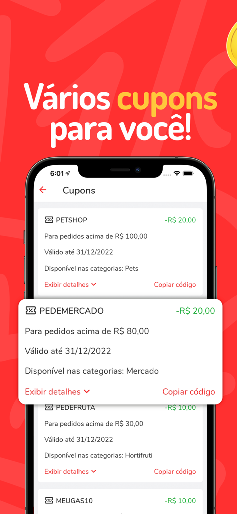 Pede.ai - Delivery - Pede.aiモバイルアプリのインターフェースには、ペットショップ、市場、ガソリン配達の割引クーポンリストが表示されている