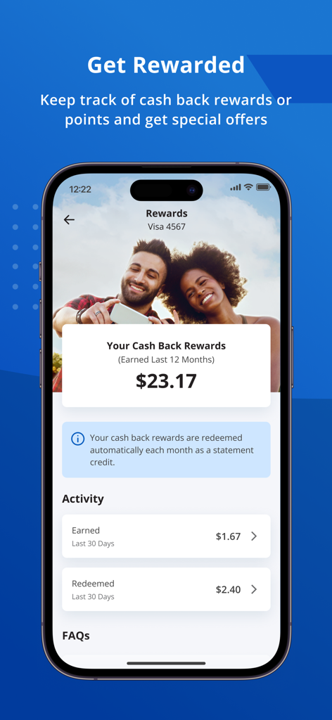 Credit One Bank Mobile app screen showing cash back rewards earned and activity tracking