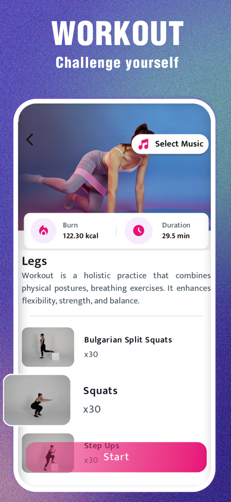 Weight Loss, Workout for Women - Interfaz de aplicación móvil que muestra un plan de entrenamiento de piernas para mujeres con ejercicios como sentadillas y seguimiento de calorías.