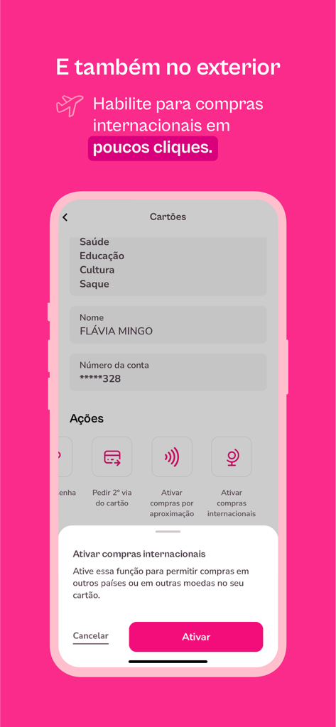 Smartphone screen showing the Flash app interface to enable international purchases and contactless payments on a pink background.