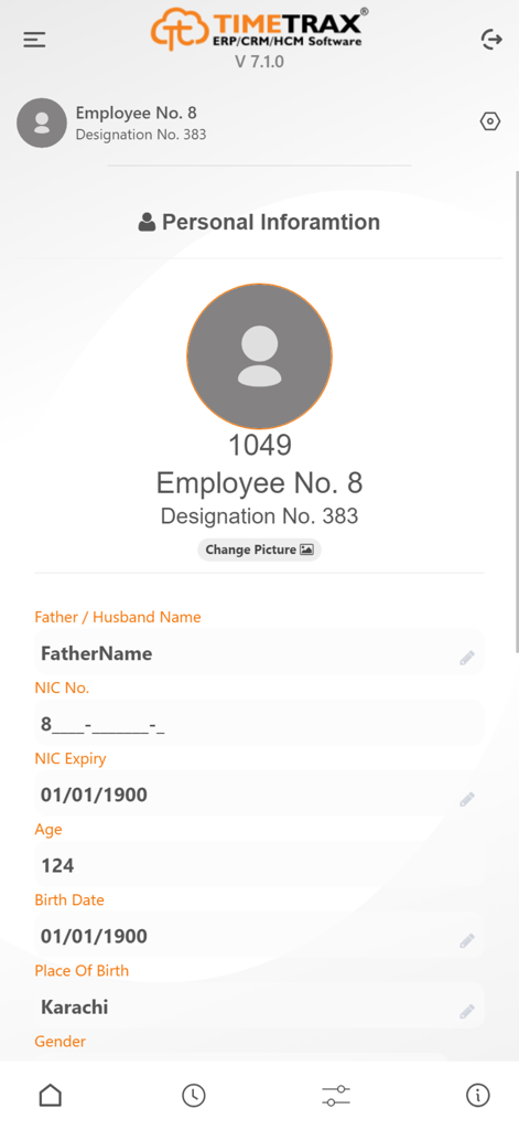 A mobile interface of the TimeTrax app showing an employee personal information profile