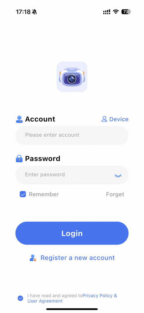 Z-IOT CAM app login page with account and password input fields