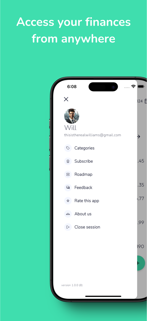 My Money - Track your expenses - Menú de perfil de usuario y configuración de cuenta en la aplicación de rastreo de gastos Mi Dinero.