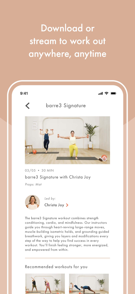 barre3 online - The barre3 online app showing a signature workout video led by instructor Christa Joy