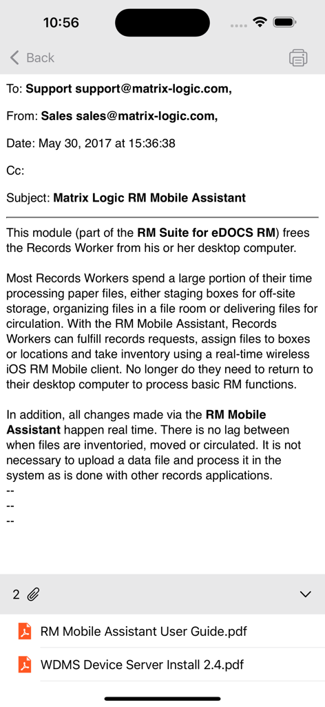 Message Viewer Pro - Interface of Message Viewer Pro displaying an email message and a list of PDF attachments at the bottom