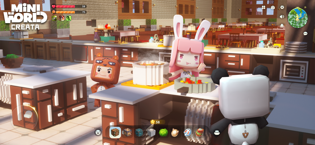 Três personagens chibi fofos interagindo em uma cozinha de restaurante em estilo bloco dentro do jogo sandbox Mini World: CREATA.