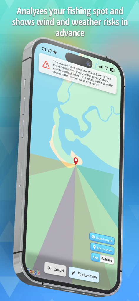 Fishero - Angler Forecast - Fishero app interface showing wind and weather risk analysis for a specific fishing location on a map