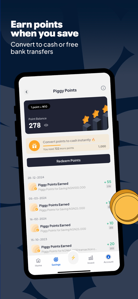 PiggyVest: Save & Invest Today - Smartphone-Bildschirm mit gesammelten PiggyVest-Punkten für das Sparen von Geld mit Optionen zur Einlösung gegen Bargeld.