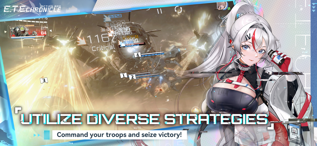 E.T.E Chronicle - Anime girl pilot in E.T.E Chronicle with mecha combat and strategy text