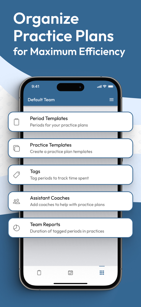 Practice Plan App - A smartphone showing the Practice Plan App interface with options for practice templates and coach management.