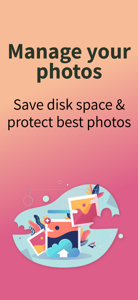PhotoSweeper Mobile - Promotional screen for PhotoSweeper Mobile app titled Manage your photos with a focus on saving disk space