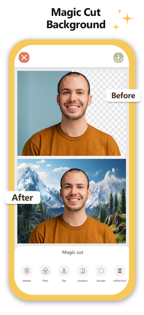 Easy Photo Background Changer - ポートレートの背景を山岳風景に変更した、使用前後の比較