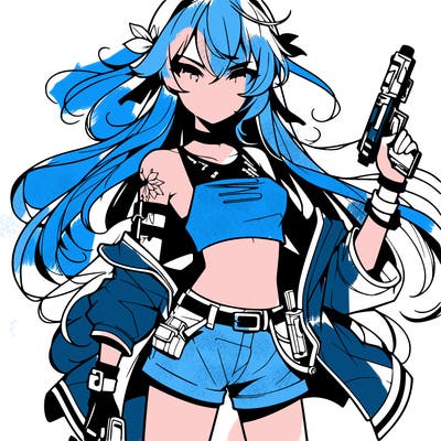 bad girl wearing crop top holding a gun long hair anime
