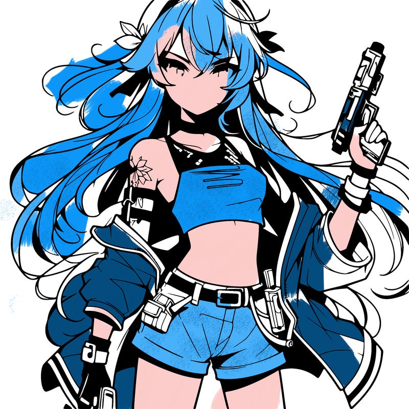 bad girl wearing crop top holding a gun long hair anime
