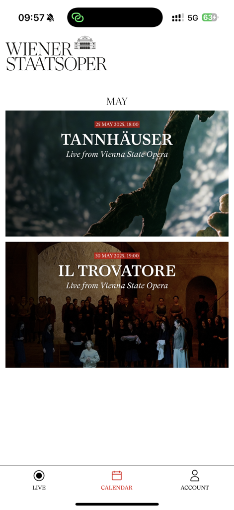 Kalenderansicht der Wiener Staatsoper Live App mit bevorstehenden Opernaufführungen