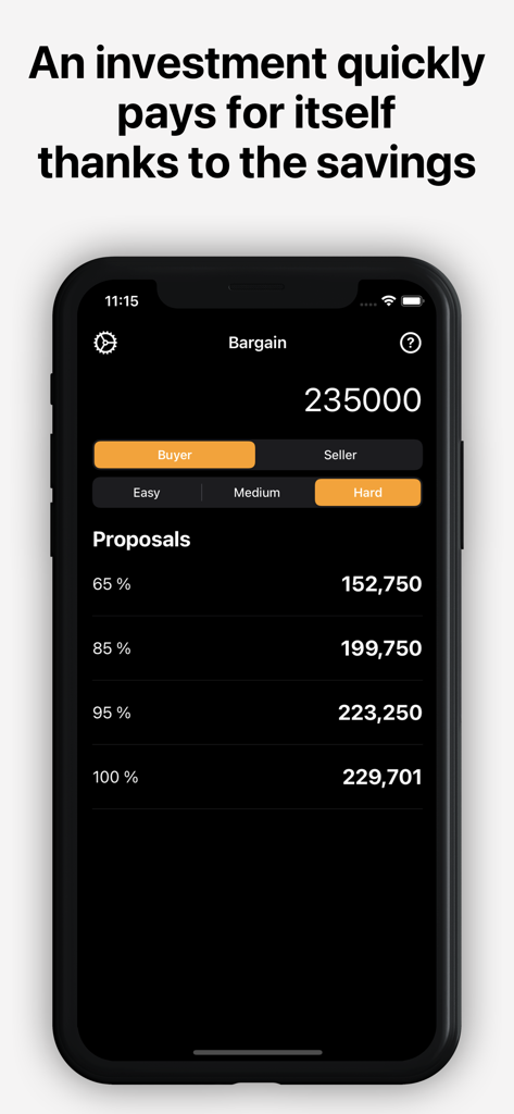 calculator buy sell - Bargain - Bargain app interface showing price negotiation proposals based on the Ackerman method