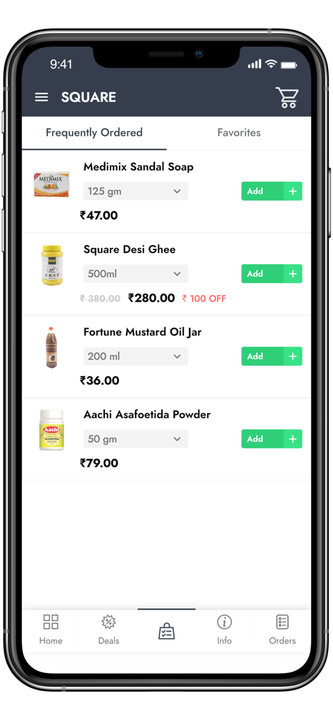 SQUARE BUY GOOD. FEEL GOOD - Interface móvel do aplicativo de mercearia SQUARE mostrando itens frequentemente pedidos com preços