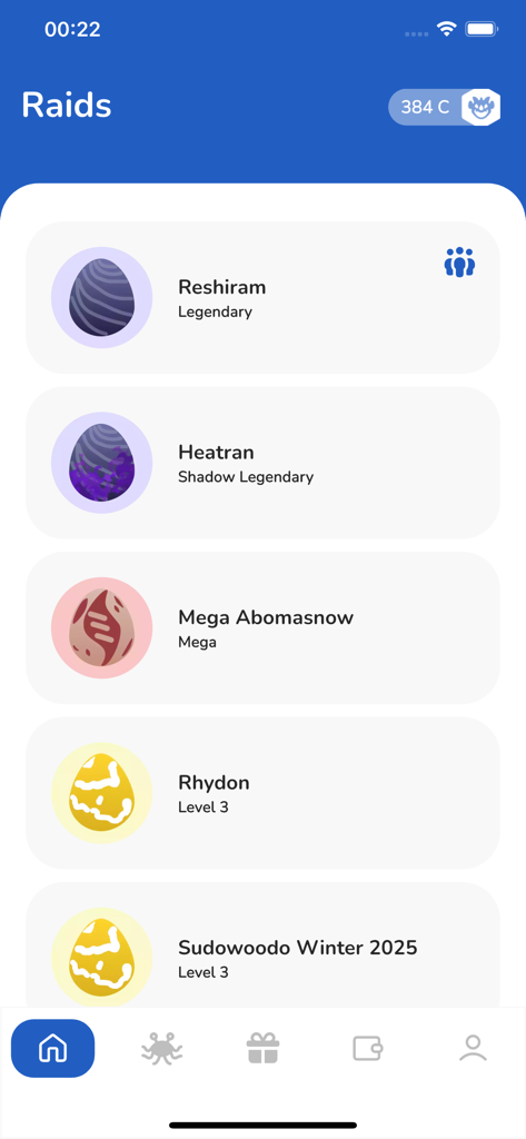 Una lista de incursiones remotas disponibles en la aplicación Raid Plaza que muestra varios jefes de incursión como Reshiram y Mega Abomasnow