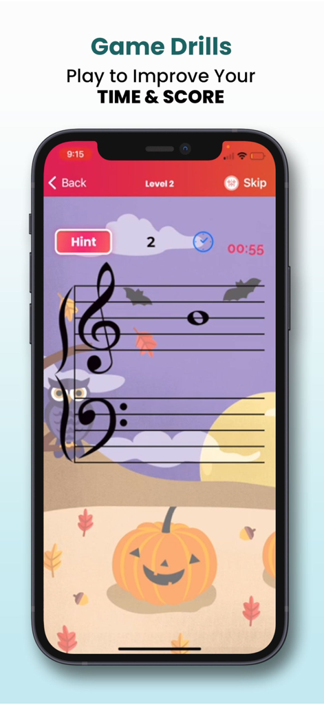 Note Quest app game drill screen showing a musical note on a staff with a decorative pumpkin and owl background.