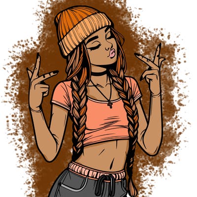 realistic teenage girl with braids and a beanie and crop top doing 🫶🏼