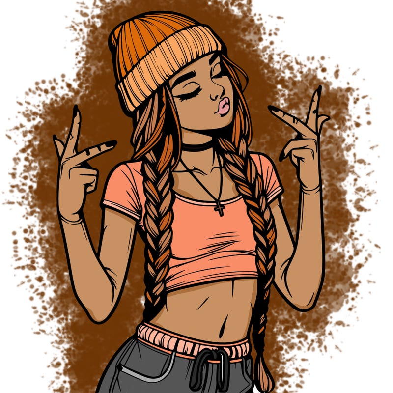 realistic teenage girl with braids and a beanie and crop top doing 🫶🏼