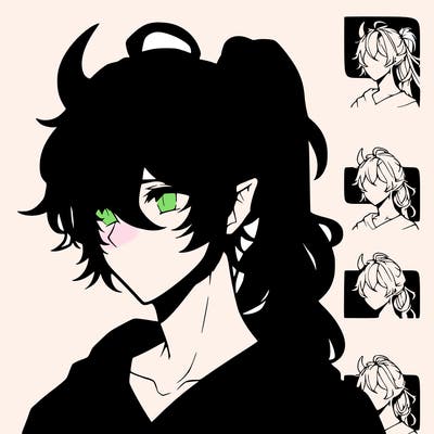 realistic hot anime boy with horns and long messy hair put in a pony tail