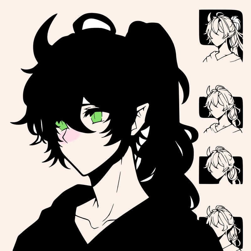 realistic hot anime boy with horns and long messy hair put in a pony tail