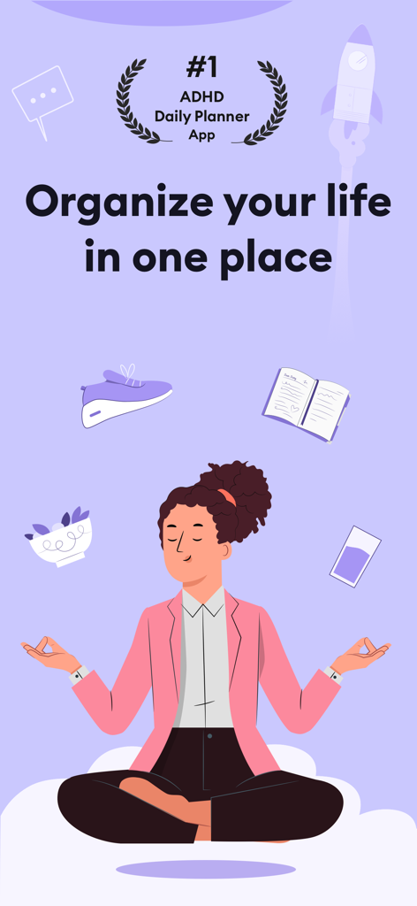 Una mujer meditando rodeada de iconos de productividad que representan la organización y el equilibrio de la vida en la aplicación Planwoo