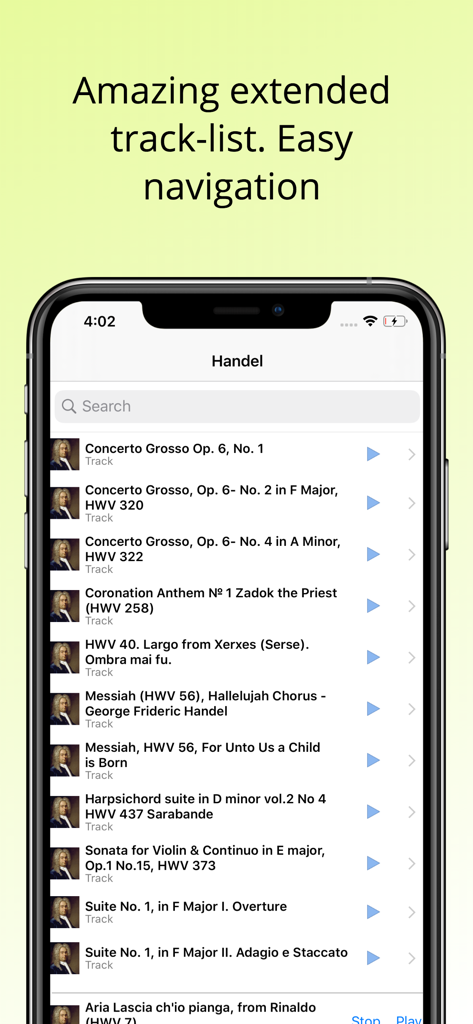 Track list of George Frideric Handel musical works in a mobile app interface