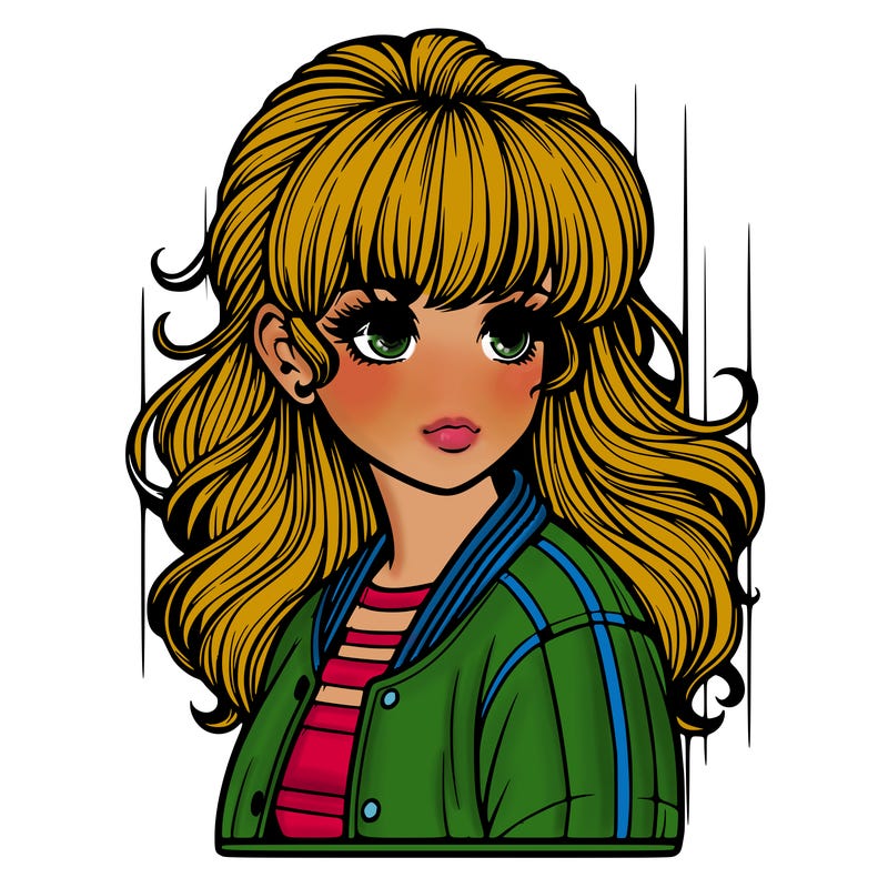 realistic girl with retro curtain bang hair and retro 80s outfit