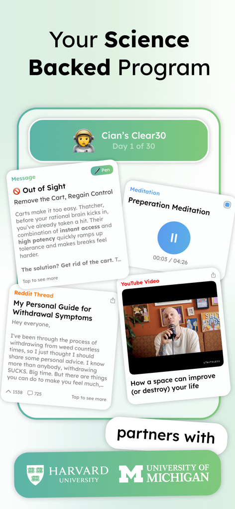 Clear30: Quit Smoking Weed - Clear30 app interface displaying science backed features like meditations and community support for quitting weed