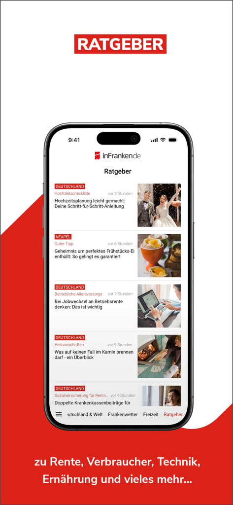 Pantalla de smartphone mostrando la sección de consejos Ratgeber de la aplicación inFranken.de