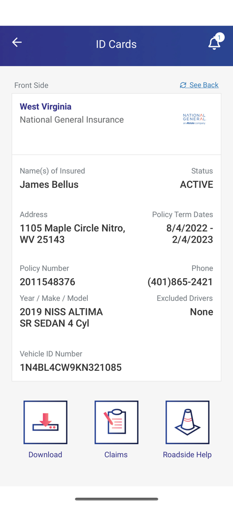 National General - Digital insurance ID card on the National General mobile app showing policy details and vehicle information