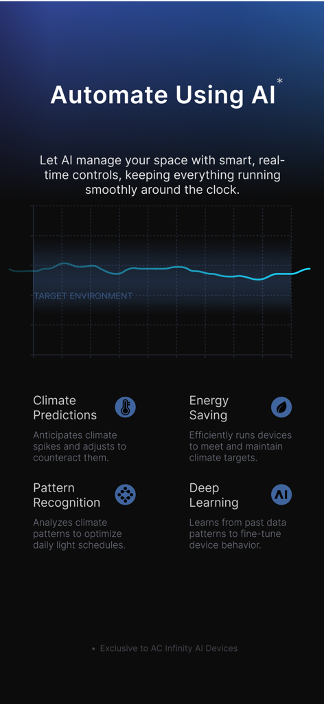 AC Infinity - Pantalla de la aplicación AC Infinity que muestra control climático impulsado por IA y automatización de datos ambientales