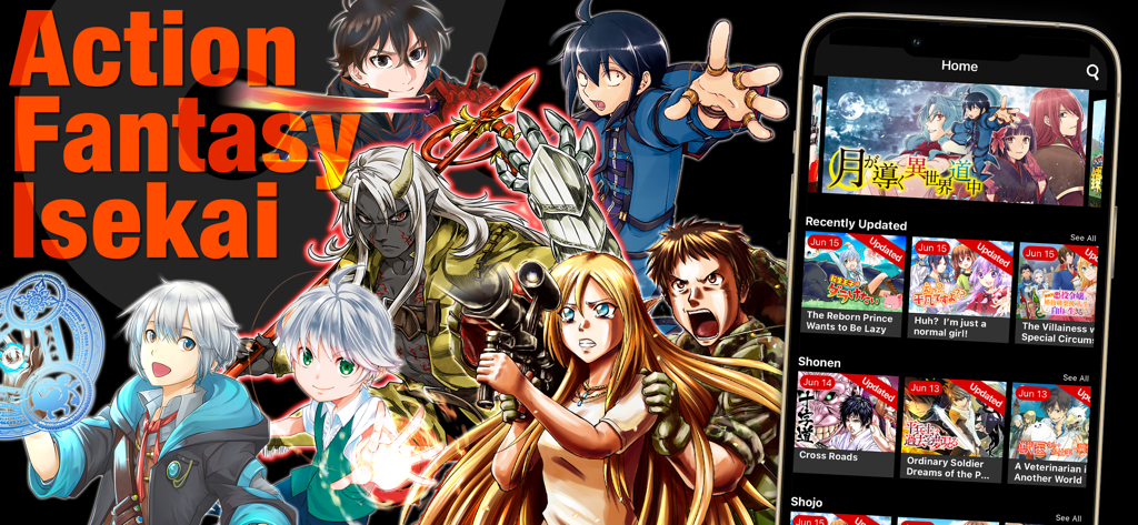 Alpha Manga: Isekai Manga App - 알파 만화 모바일 앱 홈 화면으로, 다양한 액션 및 이세계 만화 타이틀을 보여줍니다