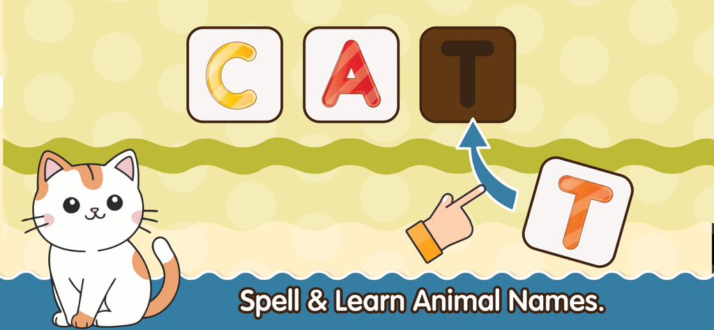 Learning Games for Kids ABC - Un niño aprendiendo a deletrear la palabra gato arrastrando letras en una aplicación educativa preescolar.