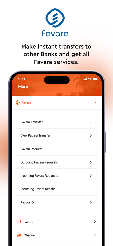 FaisaMobile by MIB - FaisaMobile app screen displaying Favara instant transfer and request services