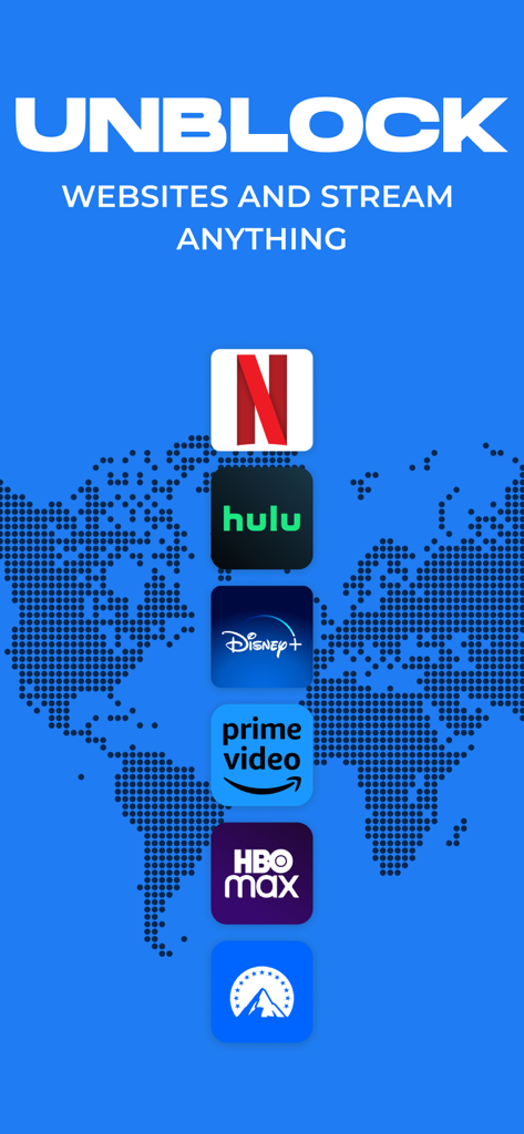 VPN Safe Net: Unlimited Proxy - VPN Safe Net promotional screen showing the unblock websites and stream anything feature with icons for Netflix Hulu Disney plus Prime Video HBO Max and Paramount plus