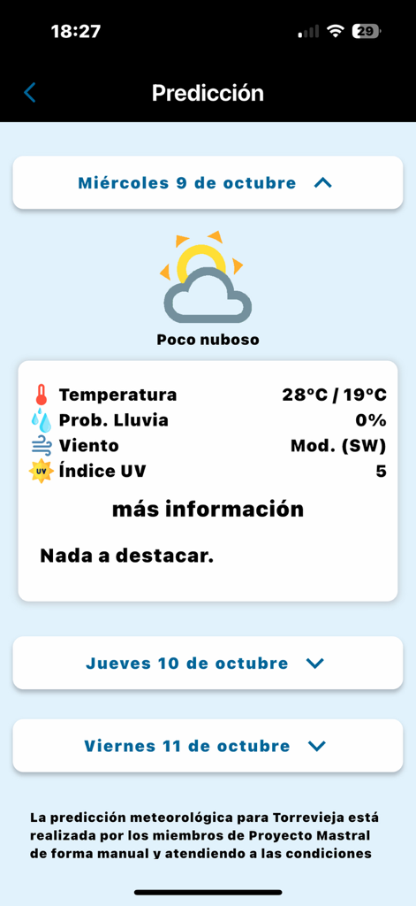 Proyecto Mastral - Pronóstico meteorológico diario en la aplicación Proyecto Mastral que muestra la temperatura, la probabilidad de lluvia, el viento y el índice UV para Torrevieja.