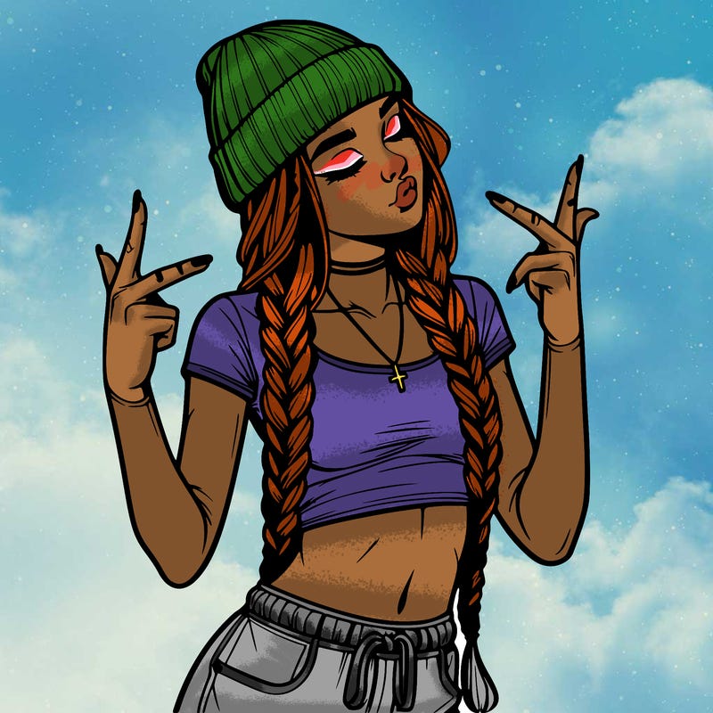 realistic teenage girl with braids and a beanie and crop top doing 🫶🏼